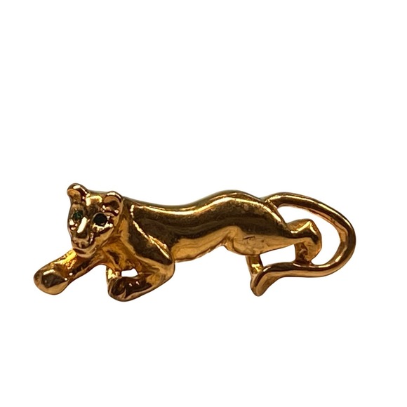Vintage Gold Tone Panther Slide Pendant Reclining Big Cat Green Rhinestone Eyes - Picture 2 of 4